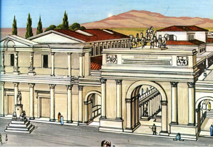 Reconstitution des propylées donnant accès à la route du Léchaïon depuis l’agora de Corinthe